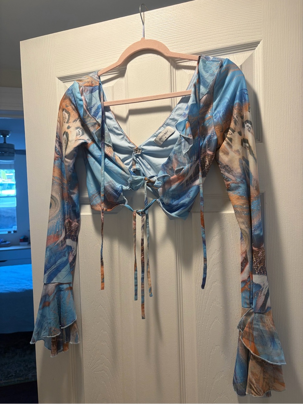 Riviera Blue Multi-Print Lace-Up Long Sleeve Crop Top